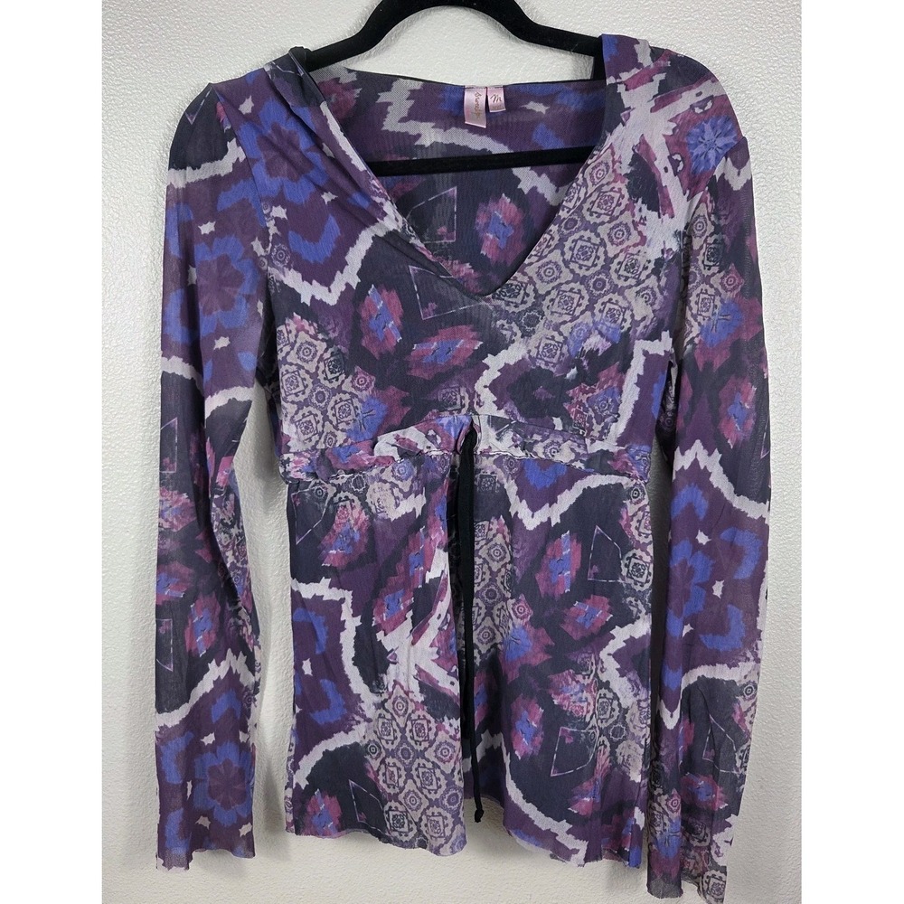 Sweet Pea Purple Boho Mesh Hooded Top Women's Medium Sheer Festival Fairy Grunge